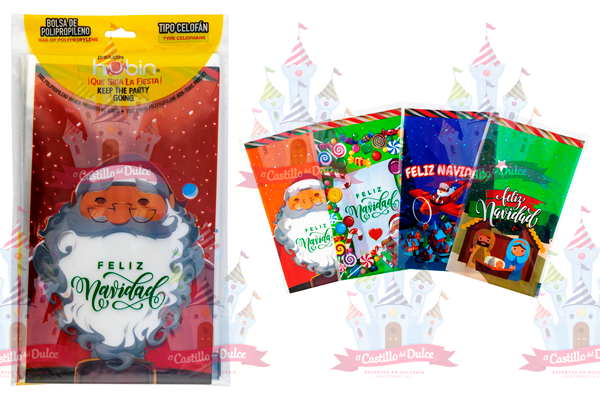 BOLSA NAVIDEÑA CHICA CELOFAN 15X25 100/25 PZA APROX - EL CASTILLO DEL DULCE