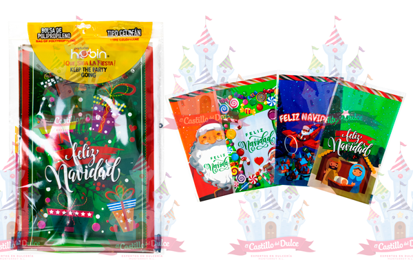 BOLSA NAVIDEÑA GRANDE CELOFAN 20X30 60/25 PZA APROX - EL CASTILLO DEL DULCE