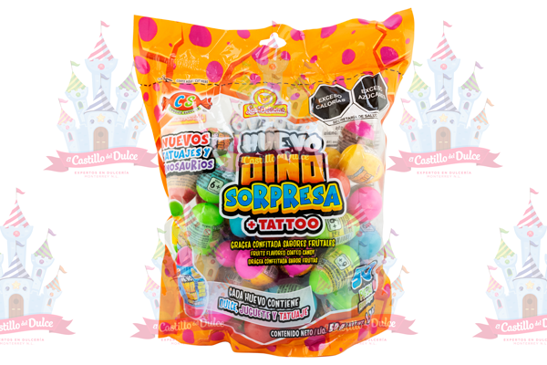 HUEVO DINO SORPRESA C/TATTOO 18/50 DELICIAS – EL CASTILLO DEL DULCE