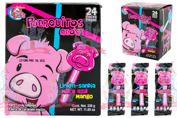 PALETA PUERQUITO NEON 24/24 PZA COOL TOONS - EL CASTILLO DEL DULCE