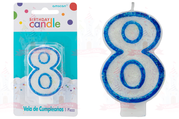 VELA #8 C/GLIT BRILL AZUL 12/1 PZA GRANMARK - EL CASTILLO DEL DULCE